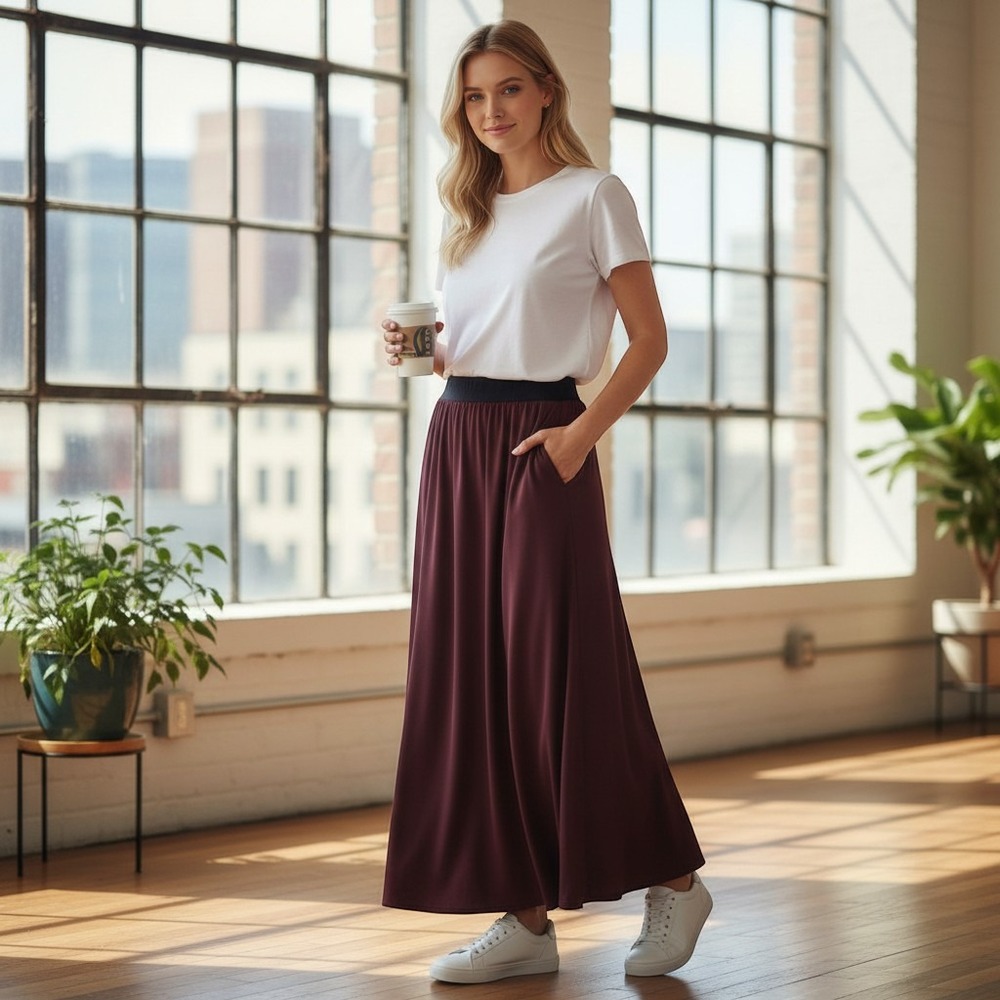 Bella Dahl Addie Bias Skirt L Burgundy Cupro Rayon Maxi Elastic Waist NWT